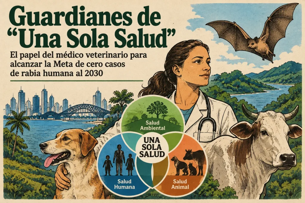 Ilustración sobre el papel del médico veterinario en la prevención de la rabia bajo el enfoque Una Sola Salud.