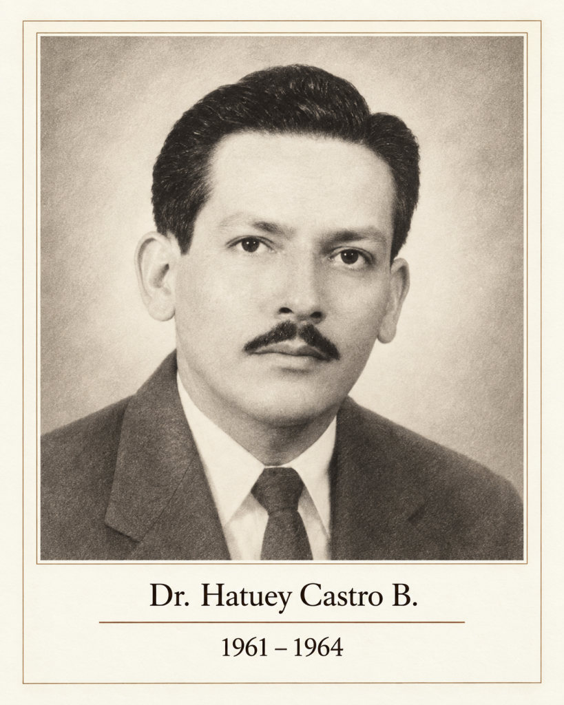 Recreación editorial que representa al Dr. Hatuey Castro B., presidente de la asociación panameña de médicos veterinarios en los períodos 1961–1964 y 1995–1997, a partir del archivo fotográfico de la APMV.