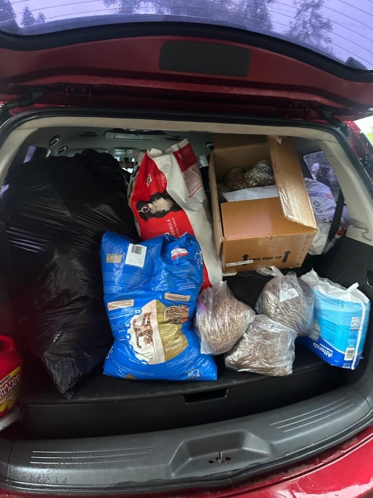 Maletero de un vehículo cargado con bolsas de alimento para mascotas y cajas de donativos.