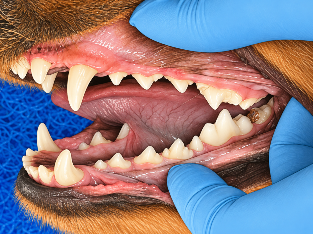 Examen oral veterinario en un perro, mostrando dientes, encías y cavidad bucal durante una evaluación clínica realizada con guantes de protección.