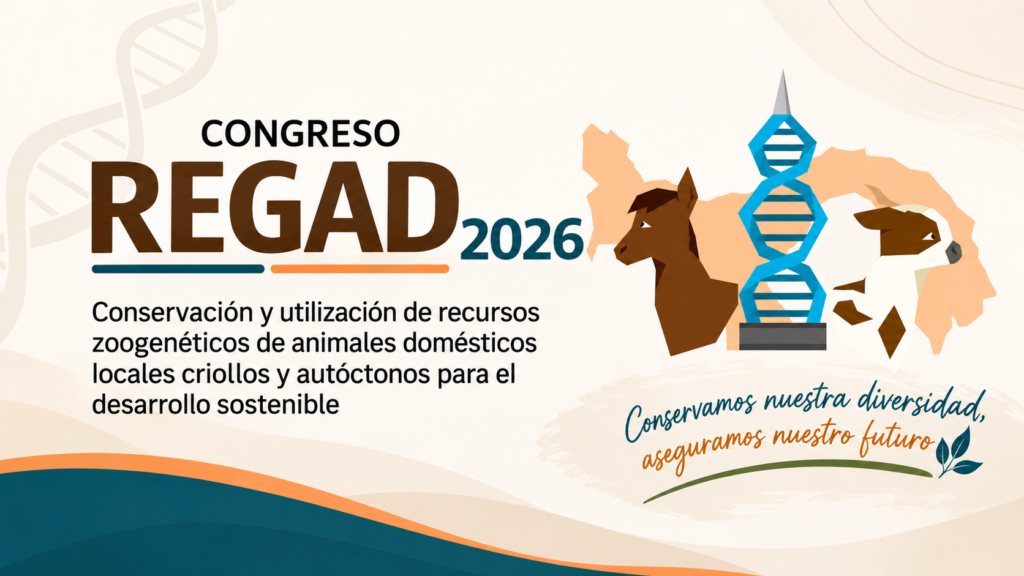 Portada del Congreso REGAD 2026 con ilustraciones de animales domésticos y una estructura de ADN, alusiva a la conservación de los recursos zoogenéticos. Copiar descripción