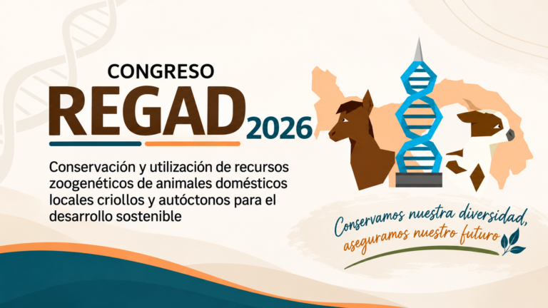 Portada del Congreso REGAD 2026 con ilustraciones de animales domésticos y una estructura de ADN, alusiva a la conservación de los recursos zoogenéticos. Copiar descripción
